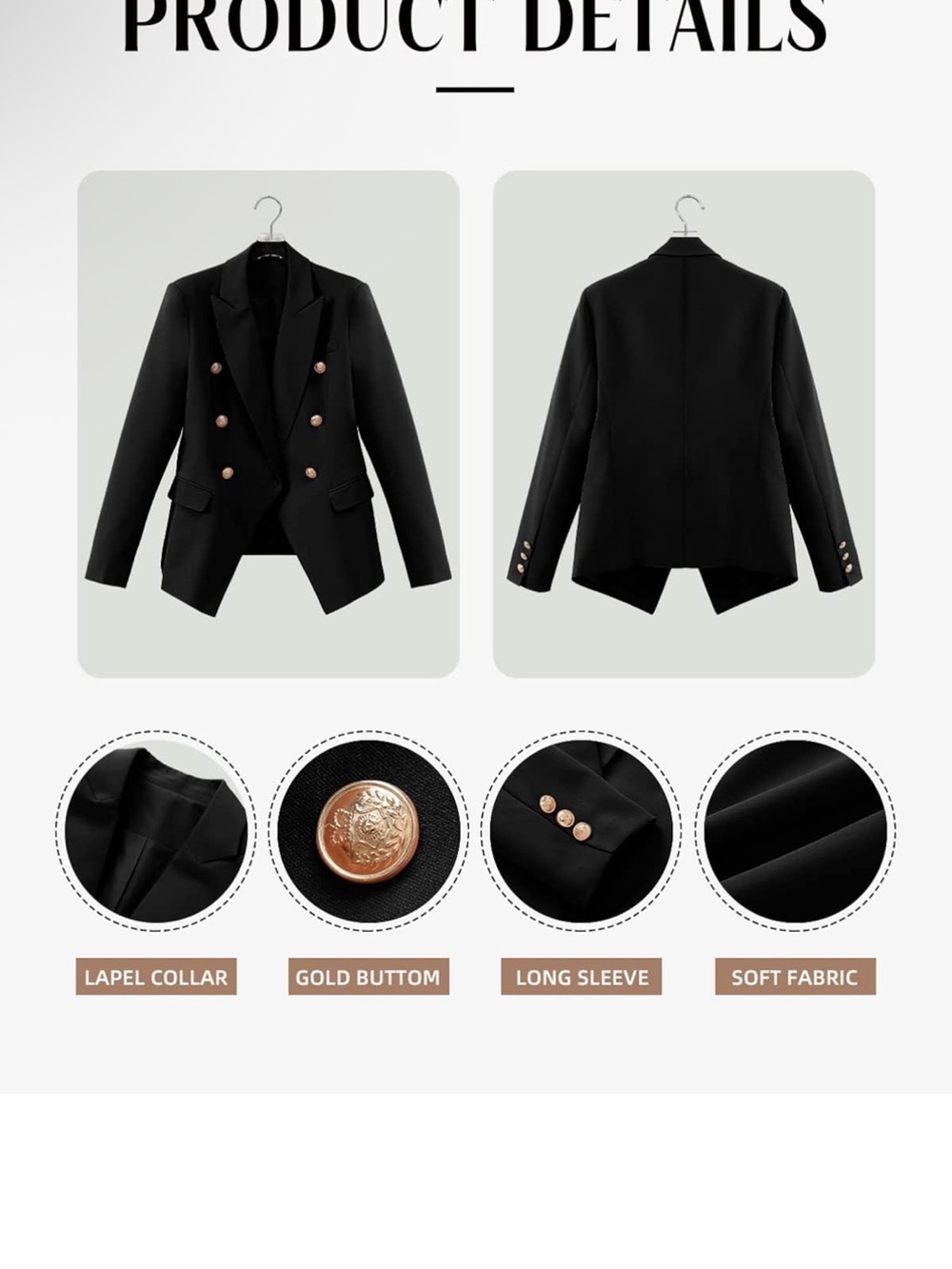 Double-Breasted Black Women's Blazer Jacket - Picture 4 of 4